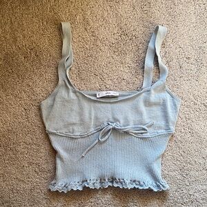 Mango Light Blue Stretchy Ruffled Knit Tank